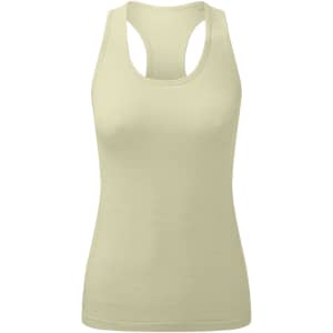 A light yellow sport vest featuring a seamless design and a racerback style. The vest has a logo on it.