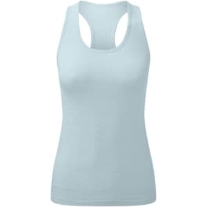 A light blue sport vest with a seamless design and racerback style. It features a logo on the fabric.
