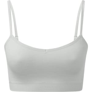 A white seamless sport flex bra with thin straps and a fitted design. It features a logo on the band.