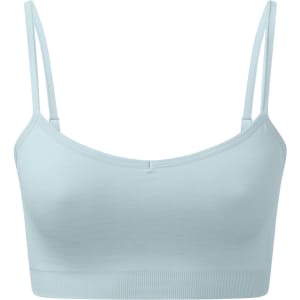 A light blue seamless sport bra with thin straps and a soft fabric, featuring a branding logo.