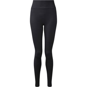 A pair of black seamless leggings featuring a high waist design. The leggings have a subtle texture and a logo.