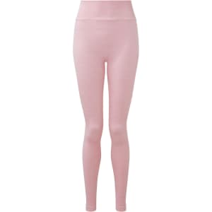 A pair of pink leggings with a seamless design and a fitted style, featuring a logo on the waistband.