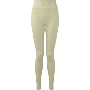 A pair of recycled seamless 3D fit sport flex leggings in a light green shade, featuring a logo.