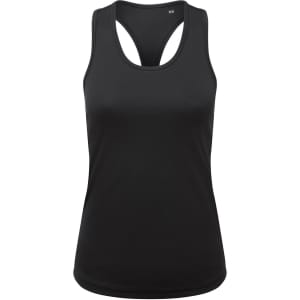 A black racerback vest made from recycled materials, featuring a stylish slim fit and a logo.