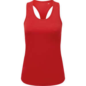 A red slim racerback vest made from recycled materials, featuring a subtle logo on the front.