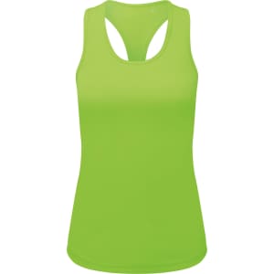 A bright green slim racerback vest featuring a stylish cut and a logo on the front.