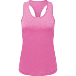 A pink slim racerback vest made from recycled materials, featuring a stylish design and a logo.