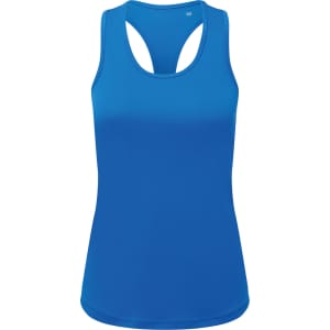 A blue slim racerback vest made from recycled material, featuring a logo.