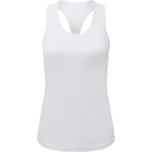A white slim racerback vest made from recycled performance fabric, featuring a logo on the front.