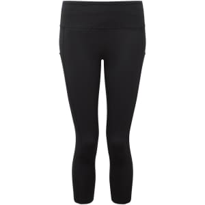 A pair of 3/4 length leggings in black featuring a waistband and pockets, with a logo on the side.