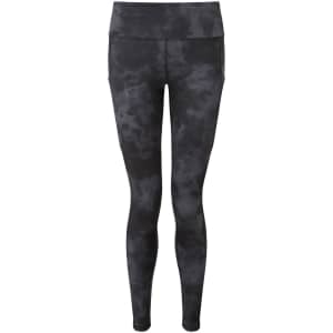 A pair of black and grey tie-dye full-length leggings with a high waistband and side pockets.