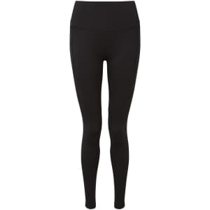 Black full-length leggings with a high waistband, featuring a logo on one side. Made from recycled performance material.