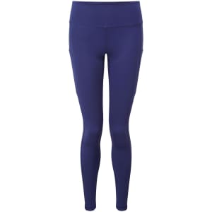 Full-length leggings in a deep navy blue. Features a high waistband and a logo on the waistband.