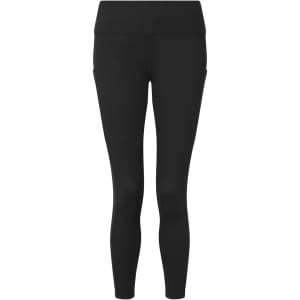 Black 7/8 leggings made from recycled materials, featuring a fitted design and a waistband. Includes a logo.