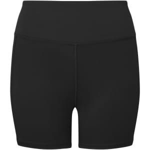 A pair of black recycled micro shorts with a high waistband and flat seams, featuring a logo.