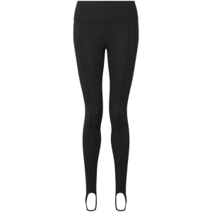 Black stirrup leggings made from recycled materials, featuring a seamless design and branding.