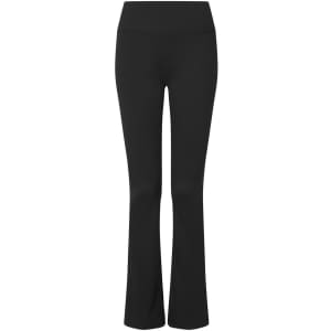 Black recycled flare leggings with a fitted waistband, featuring a logo on the waistband.