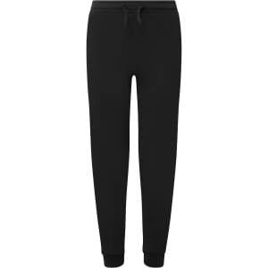 A pair of black joggers with an elastic waistband and cuffs, featuring a logo.