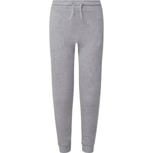 Grey joggers made from recycled materials, featuring an elastic waistband with drawstring and tapered cuffs.