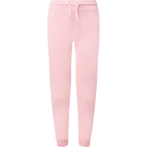 Pink joggers made from recycled materials, featuring an elastic waistband and cuffs. Includes a logo on the design.