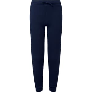 Navy recycled joggers with a drawstring waist and tapered cuffs. Feature branding on the garment.