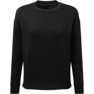 A black sweatshirt featuring a crew neck, long sleeves, and a relaxed fit. It has a logo on the front.