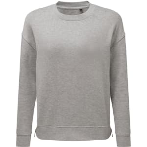 A grey, recycled chill zip sweatshirt with long sleeves and a relaxed fit. It features a logo on the front.