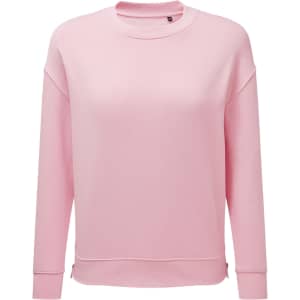 A pink recycled sweatshirt with a relaxed fit and long sleeves. Features a simple design and a logo.