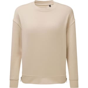 A beige Recycled Chill Zip Sweatshirt with a relaxed fit and a logo on the front.