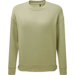 A light olive green sweatshirt with a relaxed fit, featuring a simple design and a subtle logo.