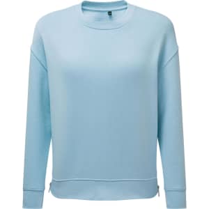 A light blue sweatshirt with a relaxed fit, featuring long sleeves and a logo on the front.