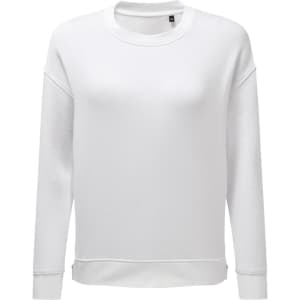 A white sweatshirt featuring a relaxed fit and long sleeves, with a logo on the front.