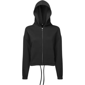 A black recycled drawstring full-zip hoodie featuring a hood and a front zipper, with a logo on the design.