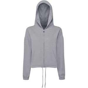 A grey recycled drawstring full-zip hoodie with a hood and front zipper. The garment has a branding logo.