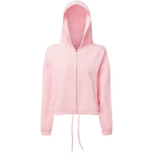 A pink, recycled drawstring full-zip hoodie with a hood and front pockets, featuring a logo.