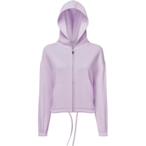 A lilac recycled drawstring full-zip hoodie with a hood and front pockets, featuring a branding logo.