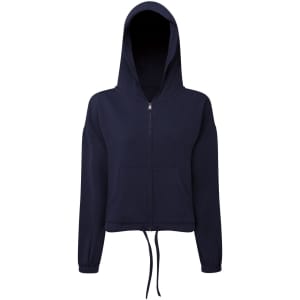 A navy full-zip hoodie with a drawstring hood and front pocket, featuring a logo on the chest.