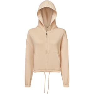 A beige recycled drawstring full-zip hoodie featuring a hood and front pockets, with a logo on display.