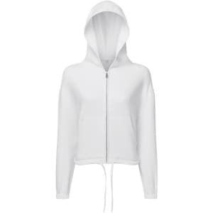A white full-zip hoodie with a drawstring hood and front pockets, featuring a subtle logo.