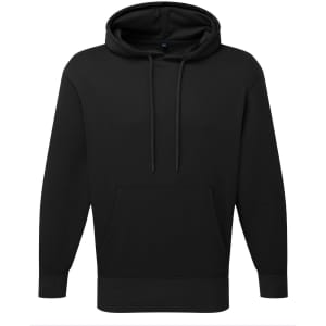 A black unisex hoodie featuring a front pocket and drawstrings, with a branding logo.
