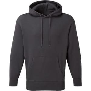 A unisex hoodie in charcoal grey, featuring a front pocket and a hood, with a logo on it.