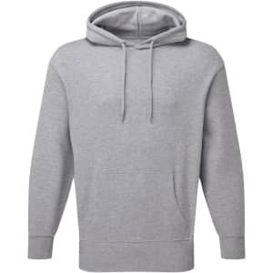 A unisex recycled hoodie in grey, featuring a front pocket and a drawstring hood. It includes a logo.