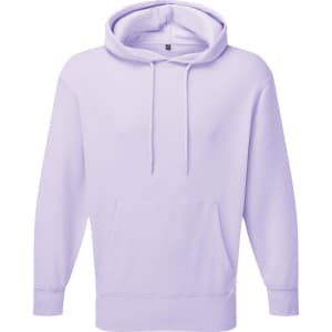A unisex hoodie in a soft lilac colour, featuring a front pocket and a spacious hood. It has a logo on the front.