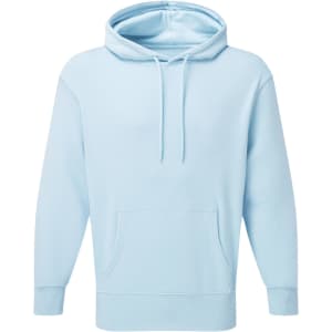 A light blue unisex recycled hoodie with a front pocket and adjustable drawstring hood. It features a logo.