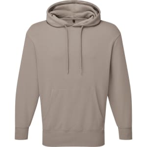 A unisex recycled hoodie in a light beige colour, featuring a front pocket and a drawstring hood.