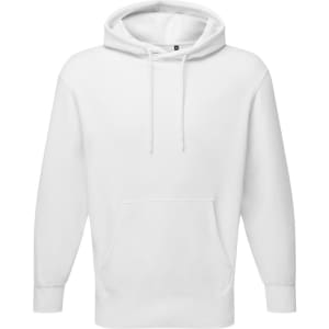A white unisex recycled hoodie featuring a front pocket and drawstring hood. It has a logo on the front.
