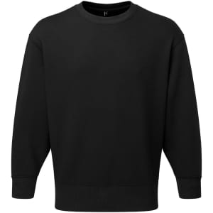 A black unisex sweatshirt with long sleeves and a crew neck, featuring a logo on the front.
