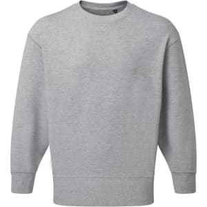 A grey unisex sweatshirt made from recycled materials, featuring a simple design and comfortable fit. It has a logo.