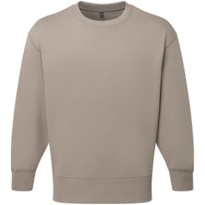 A unisex recycled sweatshirt in a light beige colour, featuring a round neckline and long sleeves. It has a logo.