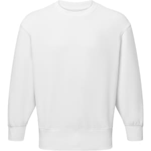 A white unisex recycled sweatshirt with long sleeves and a crew neckline, featuring a logo.